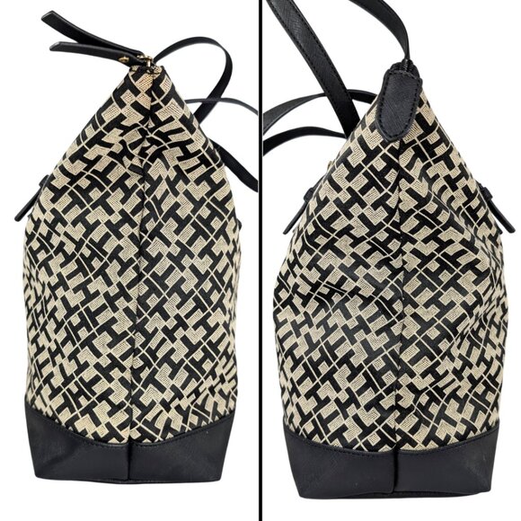 Tommy Hilfiger Black Gray Canvas Jacquard Faux Leather Large Zip Tote - Picture 3 of 8